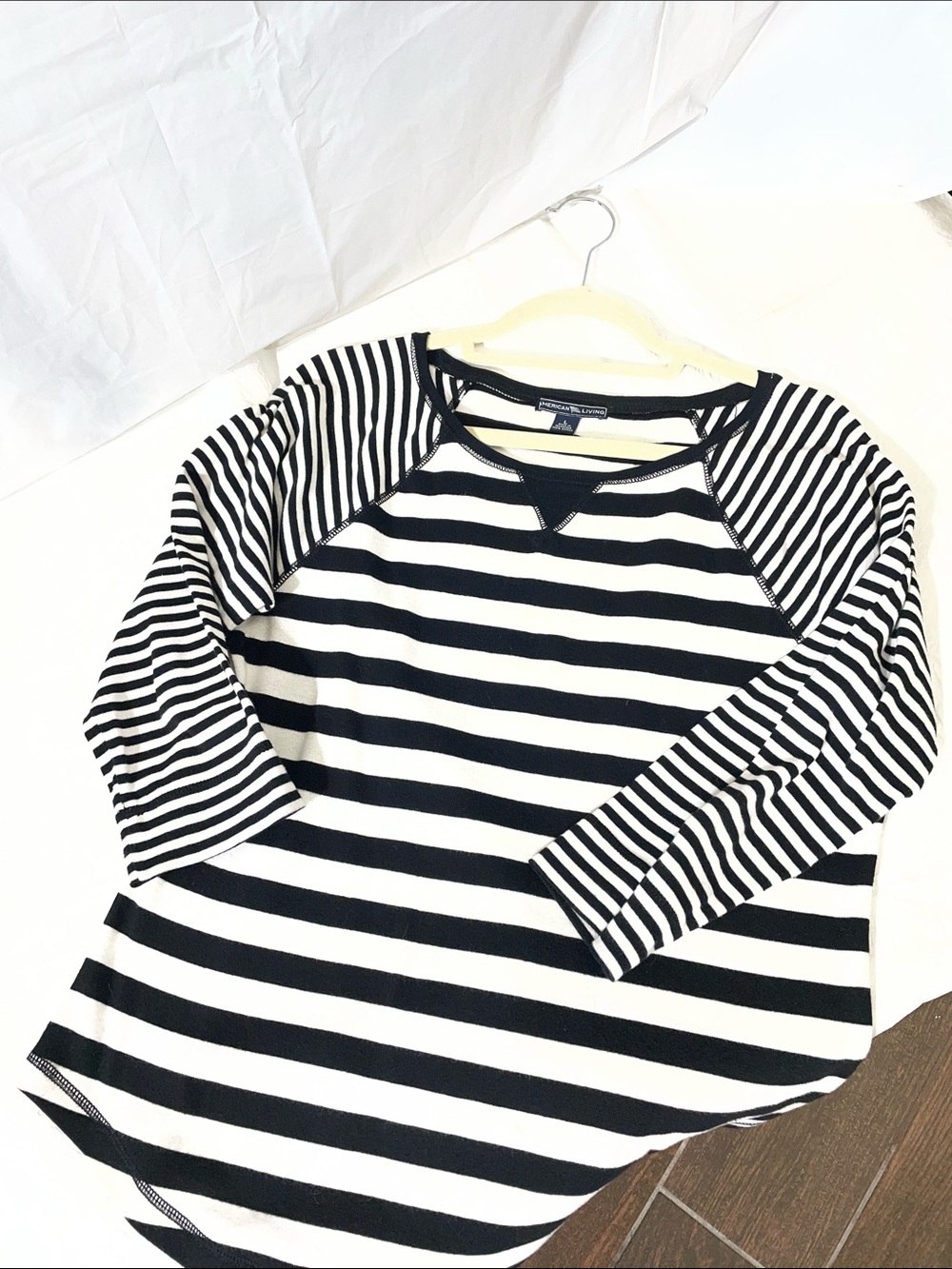 American Living Black & White Striped Raglan Long Sleeve Top